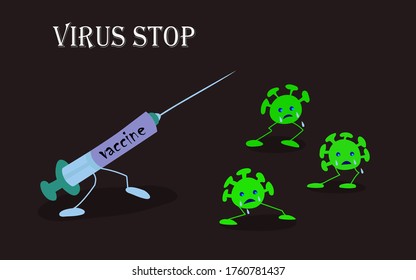 stop coronovirus. The fight against infection. The vaccine kills Сovid-19, an active drug. Viruses run away in fear, but then die. Funny character