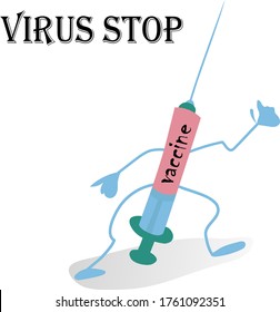 stop coronovirus. The fight against infection. The vaccine that kills Sovid-19. an active medicine that will save us from a pandemic and viruses. Funny character steps people to the rescue
