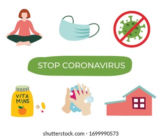 Stop corovirus icon set. Coronavirus pandemic. Stay at home. Wash your hand. Take vitamins. Stay calm. Use mask.