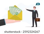 Stop corruption. Anti bribery concept. Hand offers money, other hand shows gesture of refusal. Businessman hand giving bribe in cash. Business man rejecting money offered. flat vector illustration