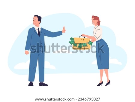 Stop corruption. Anti bribery concept, honest businessman hand rejecting bribe offer cash currency in envelope, corrupt employee payment, corporate fraud vector illustration of corruption and bribery
