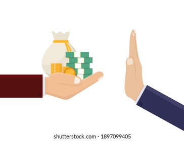 Detener la corrupción, la mano de los negocios tiene dinero y dar una ilustración vectorial de diseño de dinero