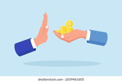 Detengan la corrupción. El hombre de negocios no acepta dinero. Carácter masculino dando soborno con dólares en efectivo. Lucha contra el fraude y los pagos ilegales