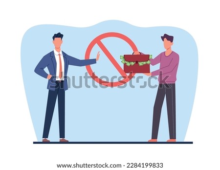 Stop corruption, businessman does not accept money in suitcase from man. Male character giving bribe suitcase with cash dollars. Honest businessman cartoon flat illustration. Vector concept