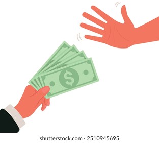 Stop corruption, businessman holding stack of money in hand offering bribe, hand gesture rejecting the proposal. stock illustration