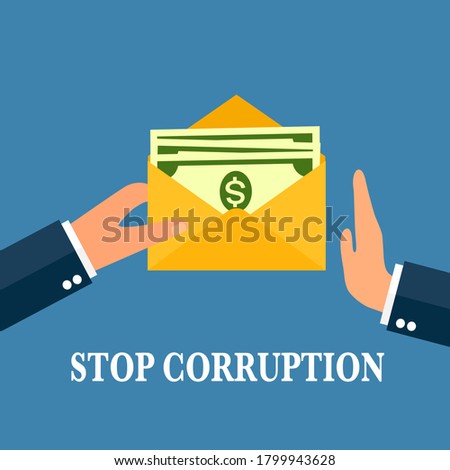 Stop corruption campaign vector illustration on blue background. Bribery concept. Offer money in envelope.