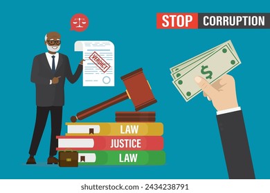 Basta de corrupción, concepto. El abogado o el juez sostiene el papel con la decisión de la corte. Sistema judicial corrupto. La mano sostiene los billetes para sobornarlos. Pila de libros de derecho, martillo para el veredicto del juicio. Vector plano