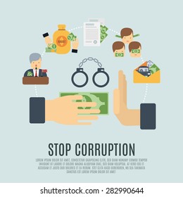 Stop corruption concept with bribe corrupt business flat icons set vector illustration