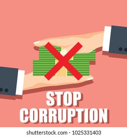stop corruption concept businessman hand refusing corruption money, vector illustration