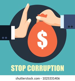 stop corruption concept businessman hand refusing corruption money, vector illustration