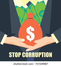 stop corruption concept businessman hand inserting corruption money into his suit, vector illustration