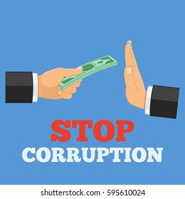 stop corruption concept, hand offers money, other hand shows a gesture of refusal, isolated vector illustration