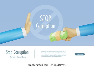 Stop corruption concept. Hand refuse money from another man hand with stop corruption sign. 3D cartoon vector created from graphic software.