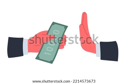Stop corruption concept. Hands giving and refusing accept money. Isolated vector illustration on white background. Free help background.