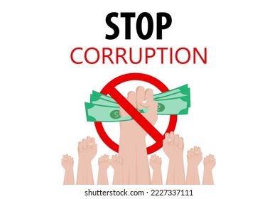 paren la ilustración del concepto de corrupción, las manos se aferran al dinero con el signo de la prohibición roja