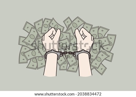 Stop corruption and financial crime concept. Human hands in handcuffs over heaps of money cash bribe corruption vector illustration 