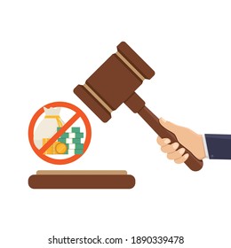 Stop corruption, judge hammer, money and stop sign, flat design vector illustration