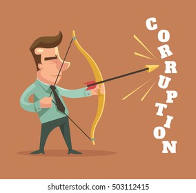 Stop corruption. Man broken corruption word. Vector flat cartoon illustration
