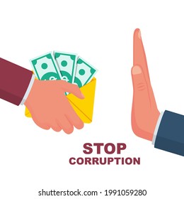 Stop corruption. Vector illustration, flat design. Bribery concept. Offering a bribe. Refusing a gesture. Reject hand gesture. Envelope with money in hand. 