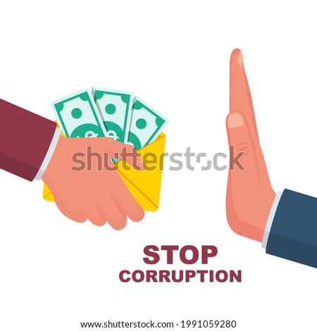 Stop corruption. Vector illustration, flat design. Bribery concept. Offering a bribe. Refusing a gesture. Reject hand gesture. Envelope with money in hand. 