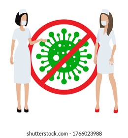 Stop covid - 19, coronavirus concept isolated vector on white background with two medical nurses in masks