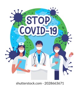 dejar de covid 19 con médicos y planeta entre virus. ilustración vectorial