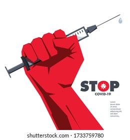 Stop The Covid 19. Hand Holding A Vaccine. Global Problem.