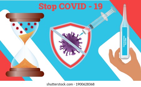 Stop Covid 19. Horizontal banner with hand holding medical vaccine. Syringe, virus sign, sandglass. Disease prevention coronavirus. Stock vector illustration on blue isolated background.