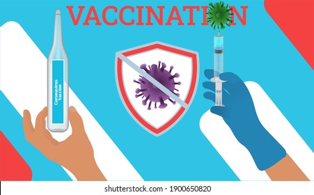 Stop Covid 19. Horizontal web banner Vaccination with hand holding medical vaccine and syringe. Virus sign. Disease prevention coronavirus. Stock vector illustration on blue isolated background.
