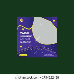 Stop Covid 19 Modern editable template for social media post banner, vector design for promotional social media advertising post banner template. Wash your hand at least 20 second