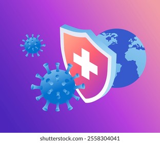 Stop covid 19. Protecting the planet and populations from virus and disease future illustration. Isometric concept of healthcare, diseases, medical treatment, vaccination and pharmacy. Modern blue 3d 