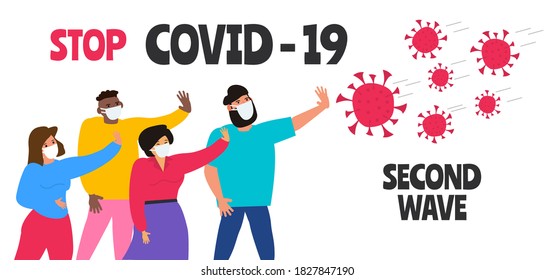 stop covid 19 second wave people in medical masks against coronavirus molecules vector illustration