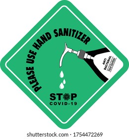 Stop Covid 19 sign , Hand sanitizer sign vector Illustration, Content - Please use hand sanitizer, precaution for covid-19 pandemic situation.