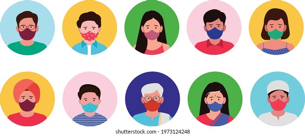 Stop Covid 2021 vector profile layout. Crowd of people and different age with fabric mask colorful background