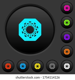 Detener botones opresivos oscuros con iconos de color vívido en fondo gris oscuro