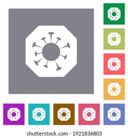 Beenden Sie covidierte flache Symbole auf einfachen, quadratischen Hintergrund-Farbbildern
