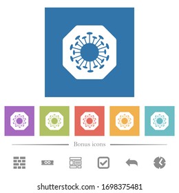 Stoppen Sie covide, flache, weiße Symbole auf quadratischem Hintergrund. 6 Bonussymbole sind im Lieferumfang enthalten.