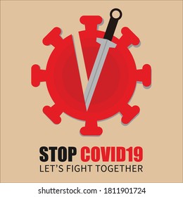 stop covid logo simple flat vector,kill covid with sword slashing style