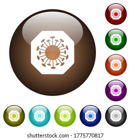 Stop covid white icons on round glass buttons in multiple colors