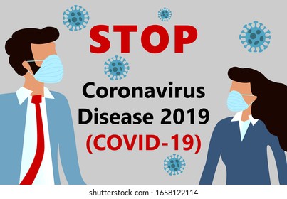 Stop COVID-19, 2019-nCoV, woman and man in suit with blue medical face mask. Concept of  stop Wuhan Novel corona virus disease outbreak