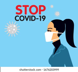 Stop covid-19 banner design with asian woman wearing face medical protecting mask. Vector illustration