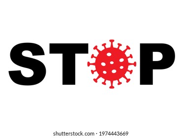 stop covid-19, black text and red sign of coronavirus, vector icon,