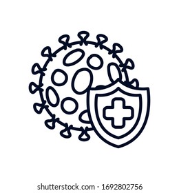 stop covid19 concept, coronavirus symbol and protection shield icon over white background, line style, vector illustration