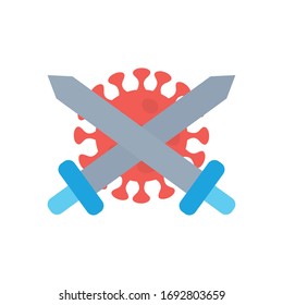 stop covid19 concept, coronavirus symbol with crossed swords icon over white background, flat style, vector illustration