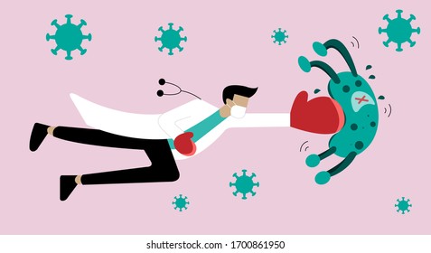 Stop CoVID-19 concept, Doctor fight Coronavirus 2019 by boxer glove punch.  