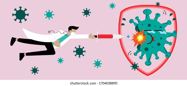 Stop CoVID-19 concept, Doctor fight Coronavirus 2019 by hypodermic syringe vaccine.  