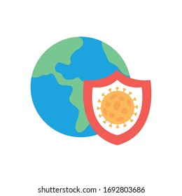 stop covid19 concept, earth planet and shield with coronavirus symbol over white background, flat style, vector illustration