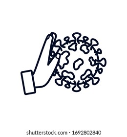 stop covid19 concept, hand with coronavirus symbol icon over white background, line style, vector illustration