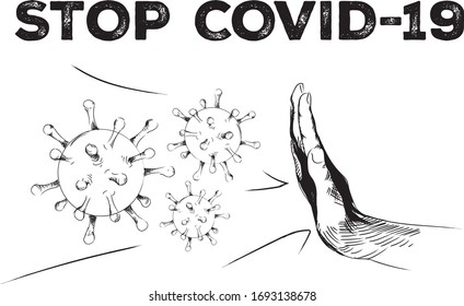Stop Covid-19 concept. Hand drawn hand stopping covid-19. Corona with rifle isolated vector illustration.