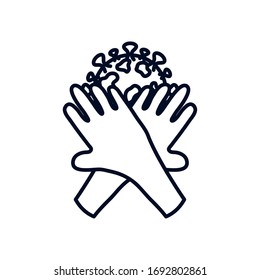 detener el concepto covid19, manos deteniendo el icono del símbolo coronavirus sobre fondo blanco, estilo de línea, ilustración vectorial